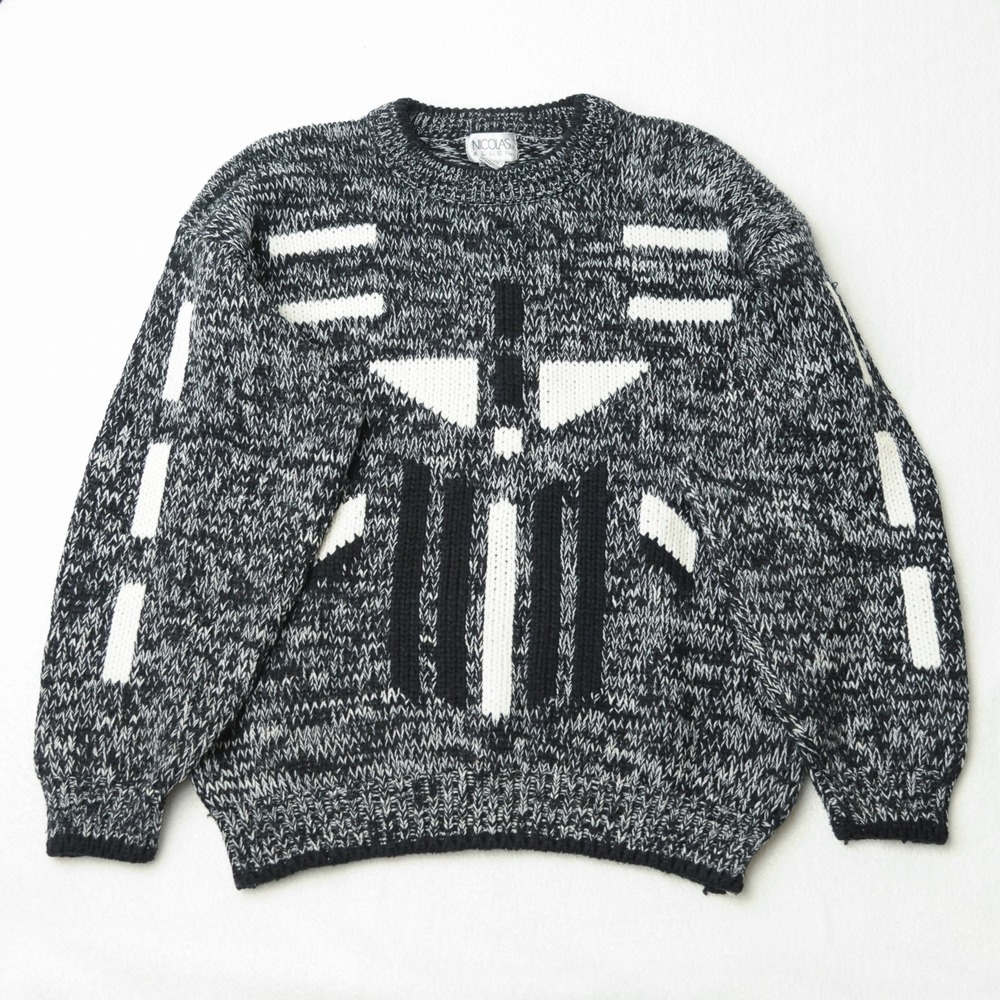 Vintage 90s Geometric Knit Sweater Mens M Black White Abstract Retro Graphic Dad